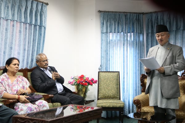 MJF (D) Chair Bijaya Kumar Gachhadar informs Constituent Assembly (CA) Chair Subhas Nembang about his party's decision to boycott the constitution drafting process on Tuesday. MJF (D) was the only Madhesi party that had signed a 16-point constitution deal with the NC, the UML and the UCPN (M).