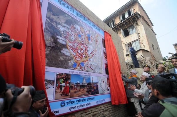 Prime Minister KP Sharma Oli unveils the reconstruction masterplan for Bungamati to launch the National Reconstruction Campaign on Saturday.