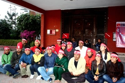 NO FOOD FOR THOUGHTS: Members of UML-affiliated student groups stage a hunger strike at the party’s headquarters in Sanepa on Sunday afternoon.
