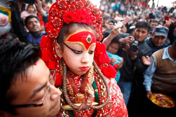 BLESSED : Living goddess Kumari of Kathmandu steps out at Basantapur during the Seto Machindranath chariot festival on Saturday.