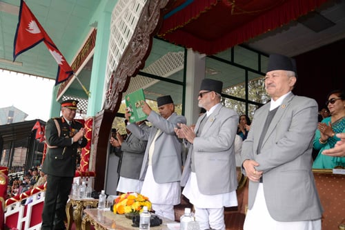 President Ram Baran Yadav, Prime Minister Sushil Koirala, CA Chair Subhas Nembang and CoAS Gaurav Shamsher Rana at the Army Day ceremony in Tundikhel, Kathmandu on Tuesday.