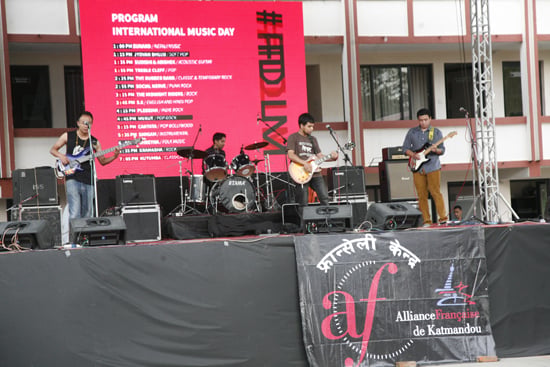 Musicians perform on the occasion of International Music Day at Alliance Française - Katmandou on Sunday.