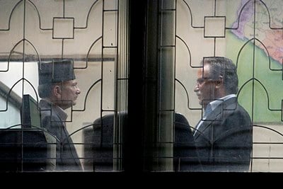 CRYSTAL CLEAR: PM Bhattarai and Pushpa Kamal Dahal chat after the four parties failed to come to an agreement on Saturday in Baneswor.