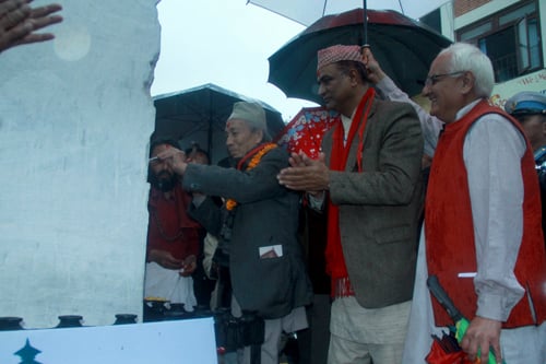 Scholar Satya Mohan Joshi (left) at a puja for the restoration of the Bishwanath temple in Mangal Bazar on Thursday.