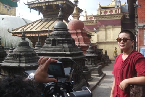ACTION: Buddhist nun and singer Ani Choying Drolma at the video shoot of her upcoming single in Swayambhu on Tuesday morning.