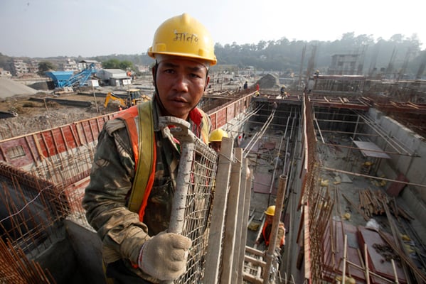 40-year-old Man Bahadur Pun Magar of Surkhet works for rehabilitation and expansion of Wastewater Treatment Plant at Guheshwari on Tuesday. The capacity of the rehabilitation and expansion is 32.2 million litres per day.
