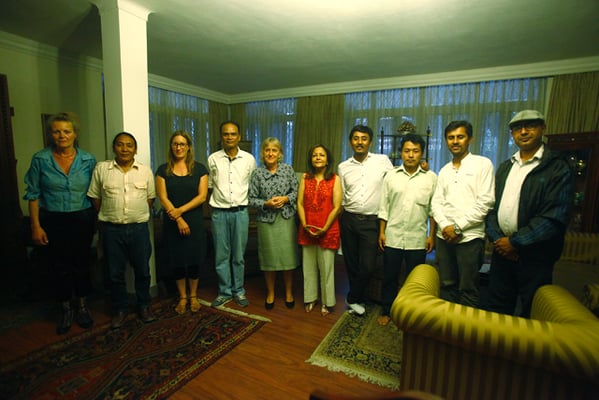 Ambassador of Denmark to Nepal, Kirsten Rosenvold Geelan (centre), with Nepali artists selected to exhibit in the Moesgaard Museum, Denmark at curator Sangeeta Thapa's (to the right of the Ambassador) residence in Maligaon, Kathmandu on Friday.