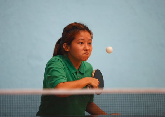 Alina Rai of CCRC College participates in an open table tennis tournament at Satdobato on Friday.
