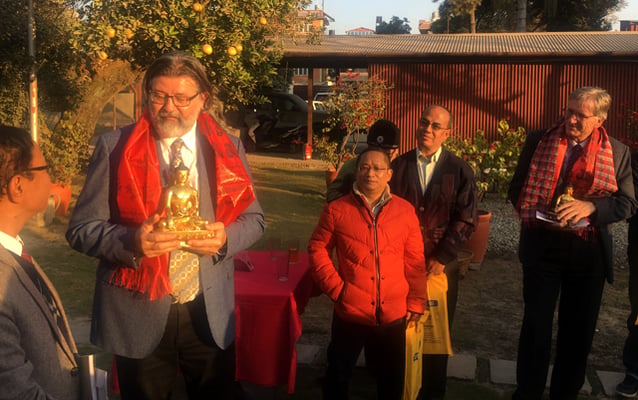Swiss Ambassador to Nepal Jorg Frieden (right) and Alex R Furger at the launch of his book, The Gilded Buddha, at the Embassy of Switzerland in Patan on Wednesday.