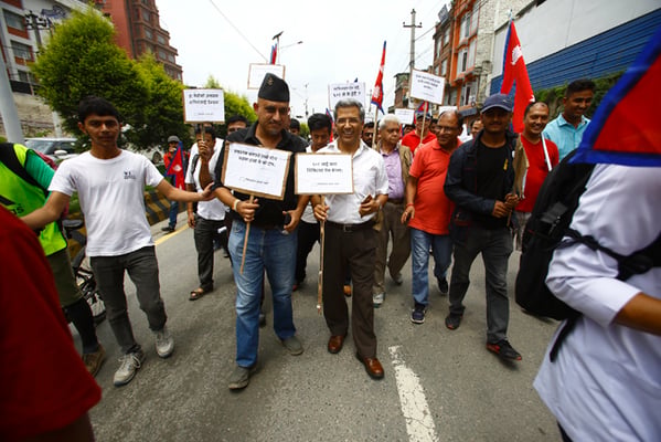 Rabindra Misra and Ujjwal Thapa of recently unified Bibeksheel Sajha Party participate in a support rally in Kathmandu on Saturday for Dr Govinda KC's demand for reform in medical education sector.