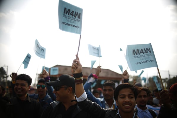 People participate in the 'Men For Women, M4W' rally to mark International Women's Day 2017 at Jawalakhel on Wednesday.