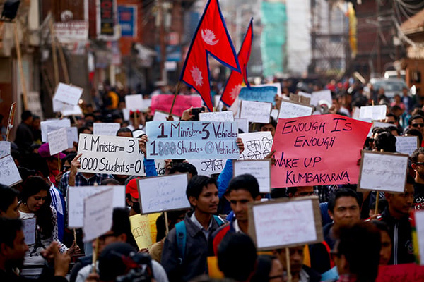 Participants take part in the "Wake up Kumbakarna" protest in Basantapur to demand action from the government to end the ongoing fuel and gas shortage on Tuesday.