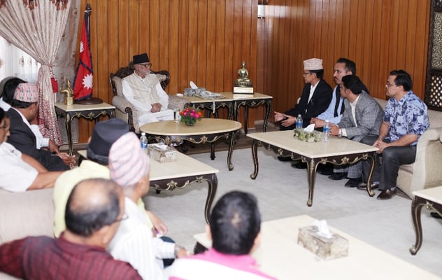 Representatives of 33 political parties during a meeting with Prime Minister Sushil Koirala to discuss the ongoing constitution building process at Baluwatar on Thursday.