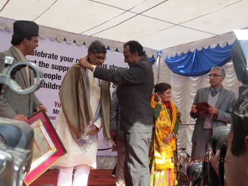 Nobel laureate Kailash Satyarthi, who is on a three-day visit to the country, gets felicitated at a college in Kathmandu on Friday.