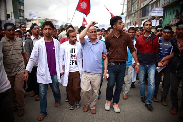 Govinda KC joins students, youth and civil society members in the 'Walk with Dr KC' campaign demanding reforms in the medical education sector in New Baneswor on Saturday.