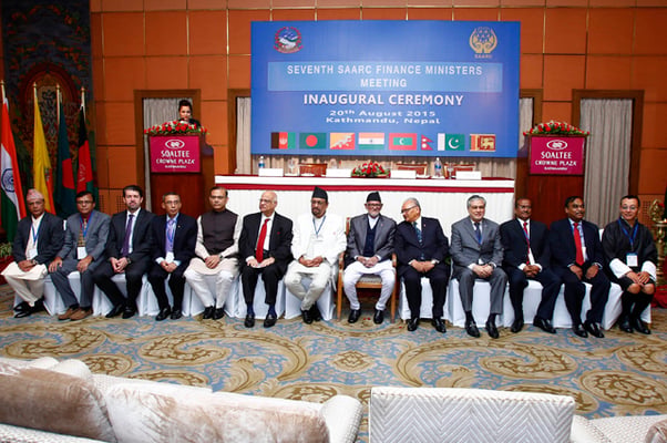 Prime Minister Sushil Koirala and Finance Minister Ram Sharan Mahat pose for a group photo with ministers from all South Asian countries at the inauguration ceremony of the 7th meeting of SAARC Finance Ministers in Kathmandu on Thursday.