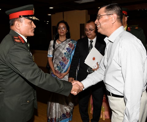 Nepal Army major general Purna Bahadur Silwal welcomes Bangladesh's army chief Abu Belal Muhammad Shafiul Huq at the Kathmandu airport on Tuesday. Gen Huq is in Nepal on a five-day visit at the invitation of Nepal Army Chief Rajendra Chhetri.