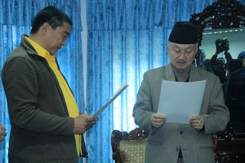Lahr Kyal Lama being sworn in as UCPN(M) CA member by CA Chair Subash Nembang on Sunday.