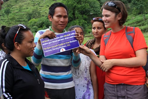 Rakshya Nepal distributes construction materials donated by American students to 15 earthquake-affected families in Kerung, Solukhumbu.
