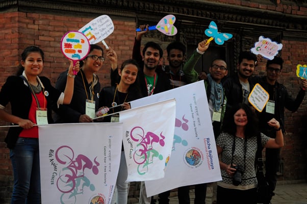 The Head of Delegation of the European Union to Nepal, Ambassador Rensje Teerink poses for a photograph at Ride for cancer bicycle rally organised by Richa Bajimaya Memorial Foundation to generate awareness on cancer at Patan Darbar Square on Saturday.