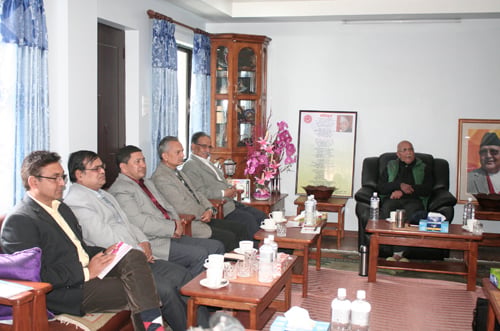 UCPN (Maoist) Chair Pushpa Kamal Dahal and other leaders in a meeting with UML Chair KP Oli on Friday.