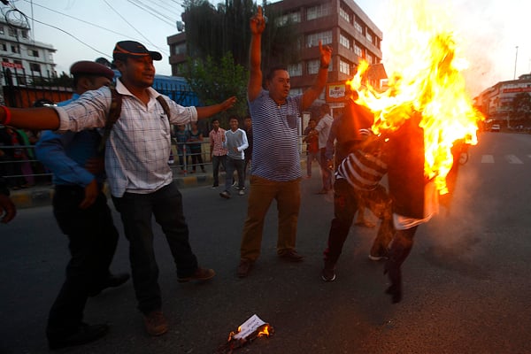 People protest against an unofficial Indian blockade against Nepal in Jawalakhel, Lalitpur on Wednesday.