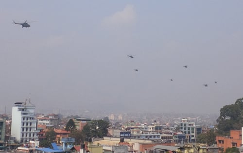 Nepal Army helicopters on a rehearsal on Monday for the Army Day parade on Tundikhel ?on 17 February.