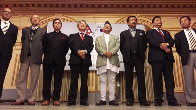 South Korean Ambassador to Nepal Choi Yong-jin (fourth from left) and Minister of Industry Som Prasad Pandey at the 4th Nepal-Korea Business Night in Shanker Hotel on Wednesday. Pandey emphasised the importance of small and medium enterprises in Nepal in the annual gathering.