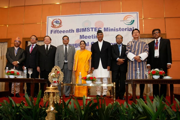 Prime Minister Sher Bahadur Deuba along with India's External Affairs Minister Sushma Swaraj and representatives from Bangladesh, Bhutan, Myanmar and Thailand during the inauguration ceremony of the 15th Bay of Bengal Initiative for Multi-Sectoral Technical and Economic Cooperation (BIMSTEC) meeting in Kathmandu on Thursday.