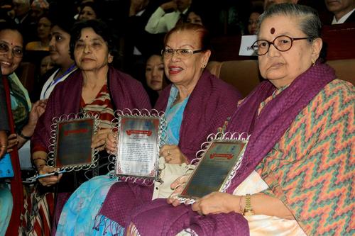 (l-r) Mina Acharya, Tula Rana and Angur Baba Joshi were honoured by President Ram Baran Yadav during the National Women Conference for Beijing +20 on Thursday.