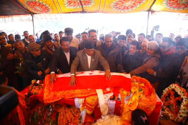 Nepali Congress Vice President Ram Chandra Poudel pays his final respects to former Prime Minister Sushil Koirala on Tuesday.