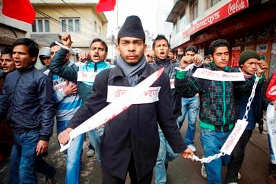 NO MORE: Members of All Nepal National Free Students Union (ANNFSU) protest against Prime Minister Baburam Bhattarai at Exhibition Road on Friday.