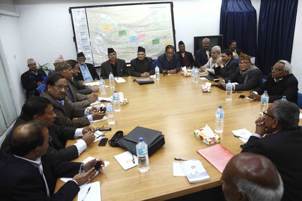 BIG TALK: Leaders of four major parties discuss the formation of an election government under the leadership of chief justice at New Baneswor on Monday afternoon.