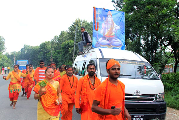 Hindu devotees on their way to the Pashupatinath temple on the last Monday of the Nepali month of Shrawan.