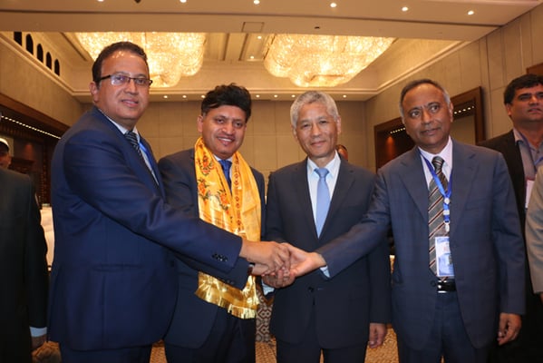 Newly elected President of Non Resident Nepali Association (NRNA) Bhaban Bhatta with the past Presidents in Kathmandu on Tuesday