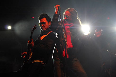 IN SYNC: Amrit Gurung (right), lead singer of Nepathya performs in Pokhara on Saturday. More than 1500 people attended Nepathya's first outdoor concert in Pokhara.