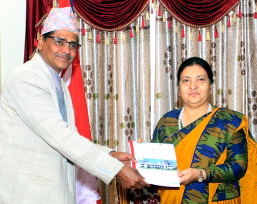 Chief Election Commissioner Ayodhi Prasad Yadav submits results of the National Assembly elections to President Bidya Devi Bhandari at Shital Niwas on Sunday.