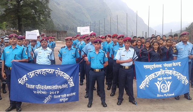 Locals and the police force in Darchula participate in a program held on the occasion of World Suicide Prevention Day on Sunday. While 443 people committed suicide in Far-Western region last year, at least 27 people in Kavre took their lives in the last 45 days.