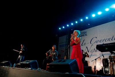 SWEET SOUND: British singer Martina Topley Bird performs with Nepali group Kutumba at Patan Durbar Square on Thursday.