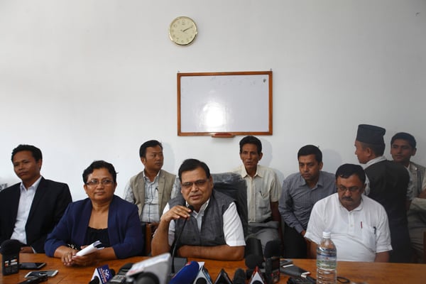 CPN (Maoist-Centre) leaders Krishna Bahadur Mahara (Centre, front row) and Pampha Bhusal (Left, front row) inform journalists about their party's decision to withdraw support to the KP Oli government at a press conference in Kathmandu on Tuesday.