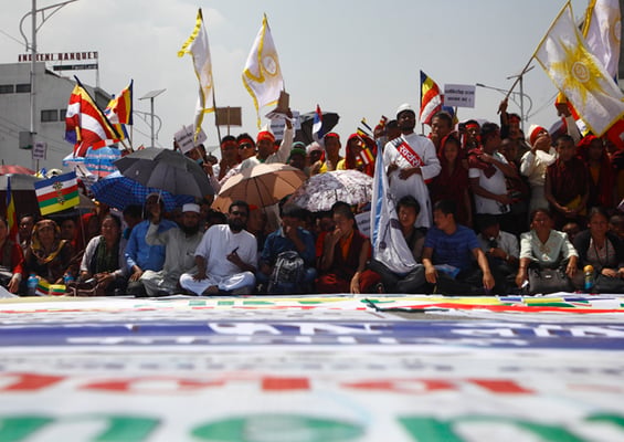 Activists from Nepal Federation of Indigenous Nationalities (NEFIN) hold a rally demanding secularism at Baneswor on Sunday.