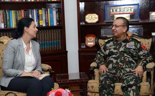 Head of Delegation of International Committee of the Red Cross (ICRC) Dragana Kojic meets Nepal Army Chief Rajendra Chhetri in Kathmandu on Monday to discuss human rights situation.