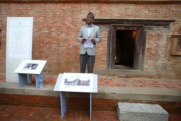 Director General of Department of Archaeology Bhesh Narayan Dahal during the fund raising for Kathmandu Valley Preservation Trust's Patan Darbar earthquake response campaign and preview of Sundari Chok galleries in Patan on Sunday.