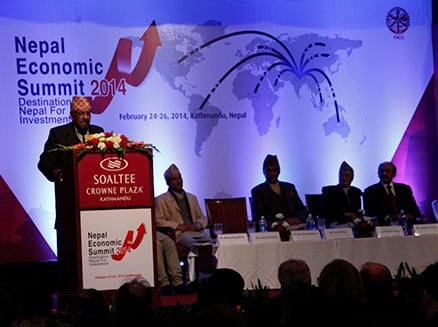 ECONOMY FIRST: NC leader Ram Sharan Mahat speaks at the inauguration of Nepal Economic Summit 2014 in Kathmandu on Monday.