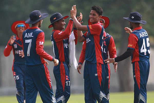 Nepal's U-19 cricket team celebrates their 7 wicket win over Singapore in the last group stage match of the Asian Cricket Council Under-19 Eastern Region Qualifiers in Malaysia on Thursday. With the win, Nepali team has topped group A.