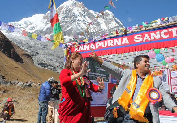 MP Rabindra Adhikari dances after inaugurating Annapurna Sanctuary Tourism Festival 2017 at Annapurna Base Camp on Wednesday.