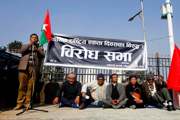 Janjati leaders stage a sit-in against the National Unity Day at Ratnapark on Monday.