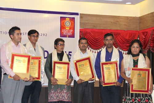 Journalists affiliated to different media houses pose for a photo after receiving this year's Rotary Journo Award at an event in Kathmandu on Tuesday.