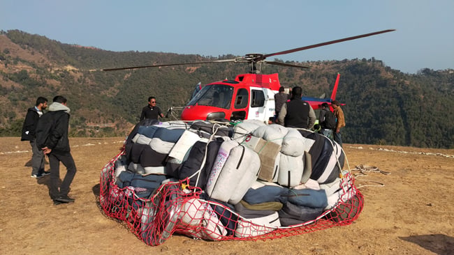 Winter blankets for quake-affected communities in Uiya, Upper Gorkha are waiting to be airlifted from Gorkha on Wednesday.
