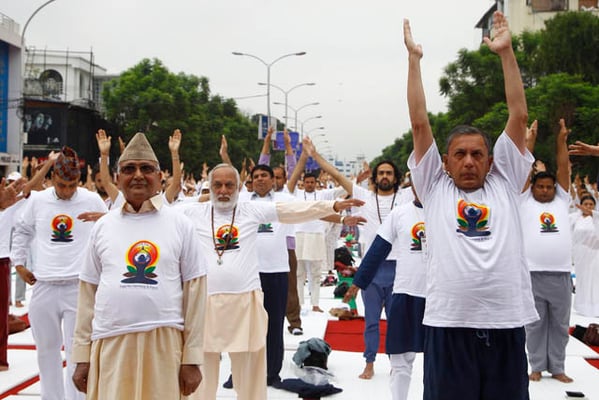 Prime Minister KP Oli and Indian ambassador to Nepal Ranjit Rae during an event held to mark International Yoga Day in Durbar Marg, Kathmandu on Tuesday.